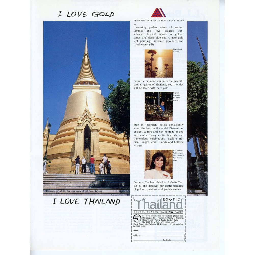 Vintage 1988 Print Ad Thailand Travel Golden Spires Temples Arts Crafts Tourism